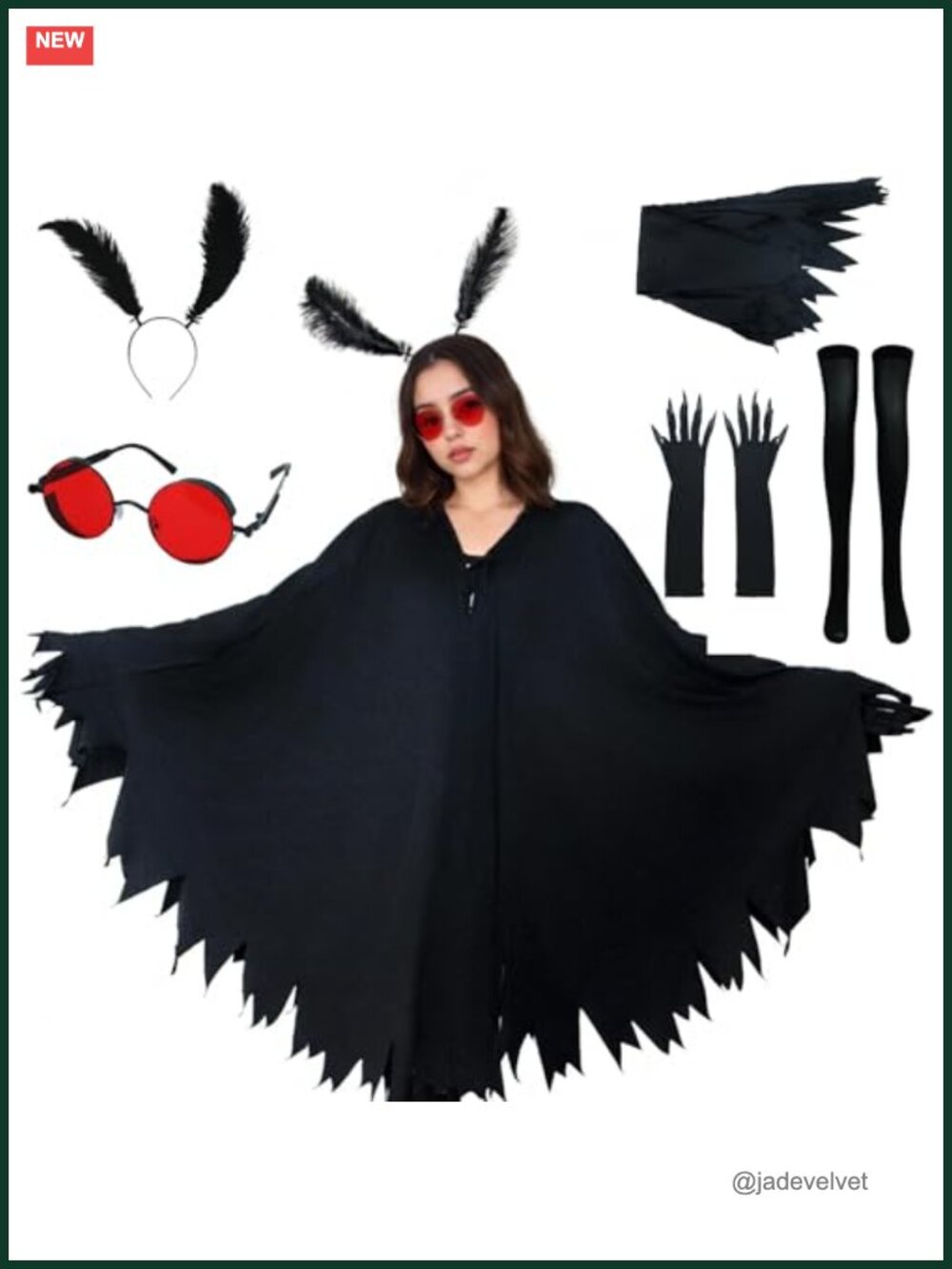 Mothman Costume Cape Adult 7-Piece Set Halloween Cosplay with Gloves Glasses